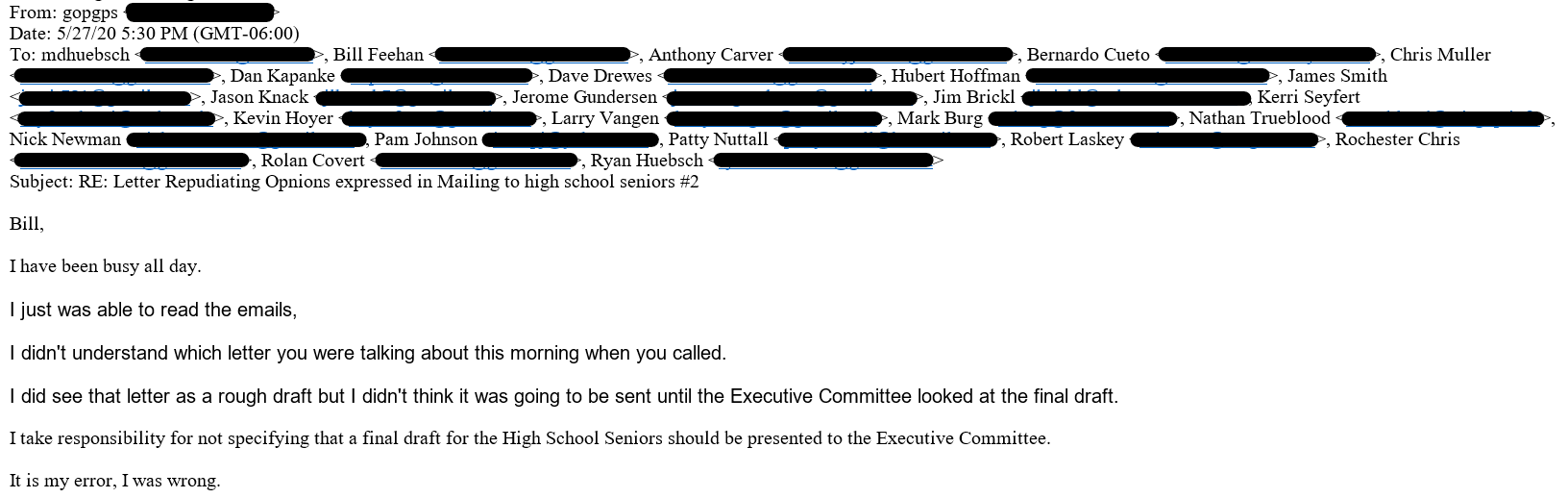 Glen Schmitz email to La Crosse County Republican Party executive committee